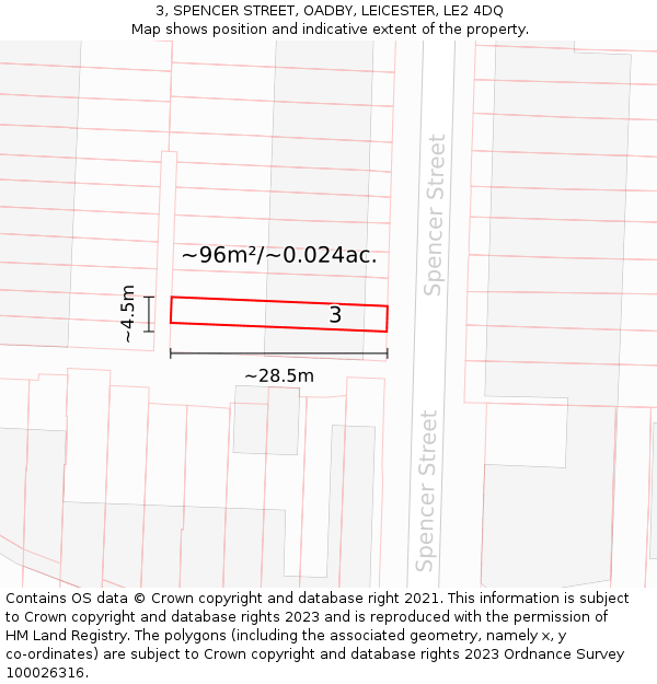 3, SPENCER STREET, OADBY, LEICESTER, LE2 4DQ: Plot and title map