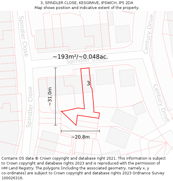 3, SPINDLER CLOSE, KESGRAVE, IPSWICH, IP5 2DA: Plot and title map