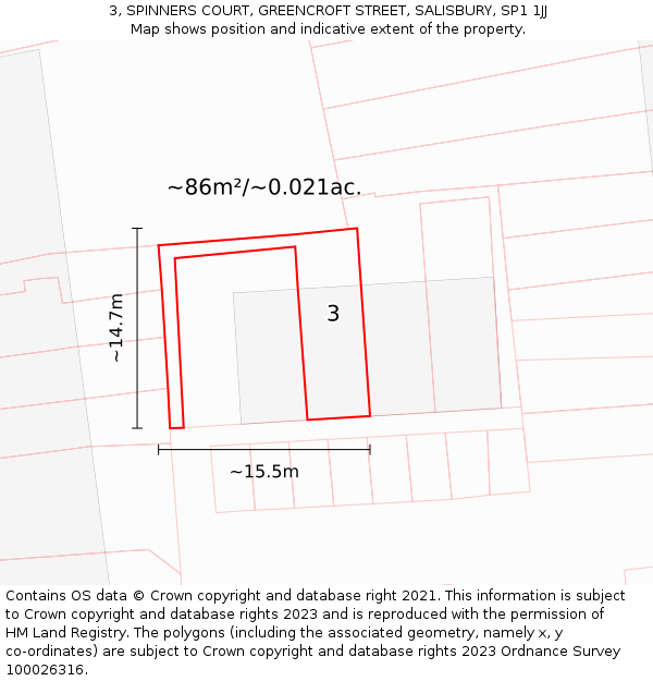 3, SPINNERS COURT, GREENCROFT STREET, SALISBURY, SP1 1JJ: Plot and title map