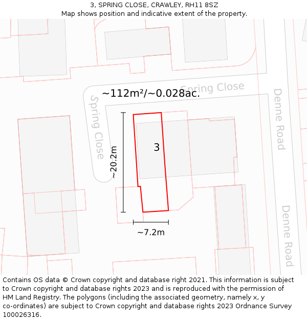 3, SPRING CLOSE, CRAWLEY, RH11 8SZ: Plot and title map