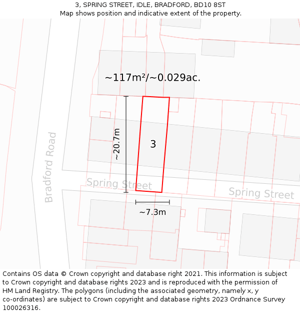 3, SPRING STREET, IDLE, BRADFORD, BD10 8ST: Plot and title map