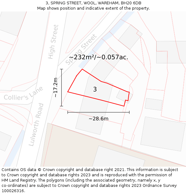 3, SPRING STREET, WOOL, WAREHAM, BH20 6DB: Plot and title map