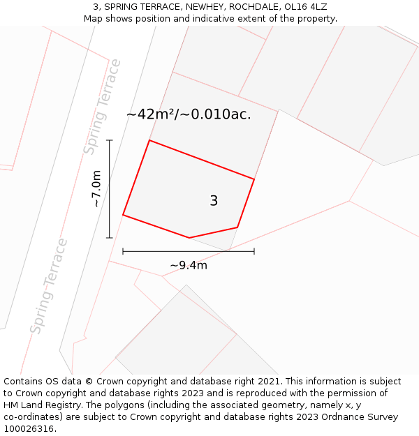 3, SPRING TERRACE, NEWHEY, ROCHDALE, OL16 4LZ: Plot and title map