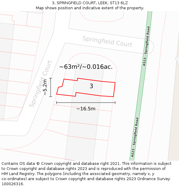3, SPRINGFIELD COURT, LEEK, ST13 6LZ: Plot and title map