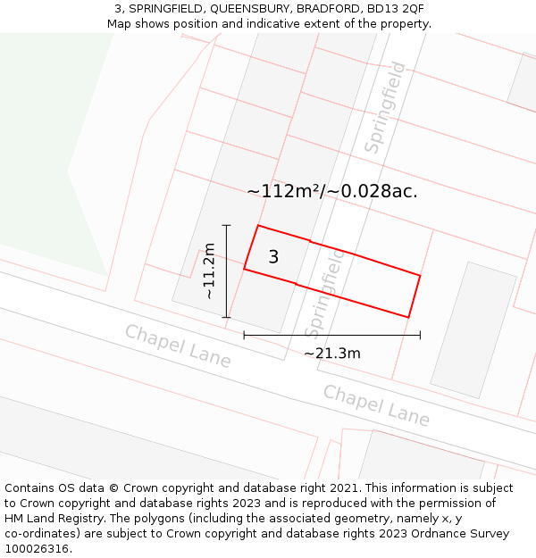 3, SPRINGFIELD, QUEENSBURY, BRADFORD, BD13 2QF: Plot and title map