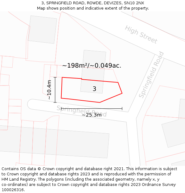 3, SPRINGFIELD ROAD, ROWDE, DEVIZES, SN10 2NX: Plot and title map