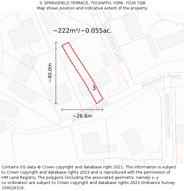 3, SPRINGFIELD TERRACE, TOCKWITH, YORK, YO26 7QB: Plot and title map