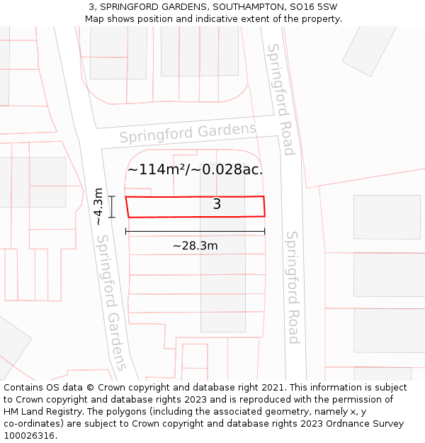 3, SPRINGFORD GARDENS, SOUTHAMPTON, SO16 5SW: Plot and title map
