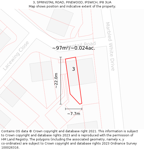 3, SPRINGTAIL ROAD, PINEWOOD, IPSWICH, IP8 3UA: Plot and title map