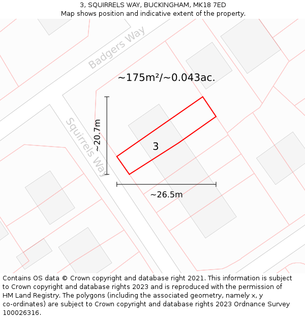3, SQUIRRELS WAY, BUCKINGHAM, MK18 7ED: Plot and title map