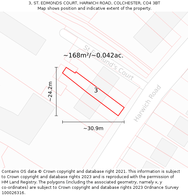 3, ST. EDMONDS COURT, HARWICH ROAD, COLCHESTER, CO4 3BT: Plot and title map