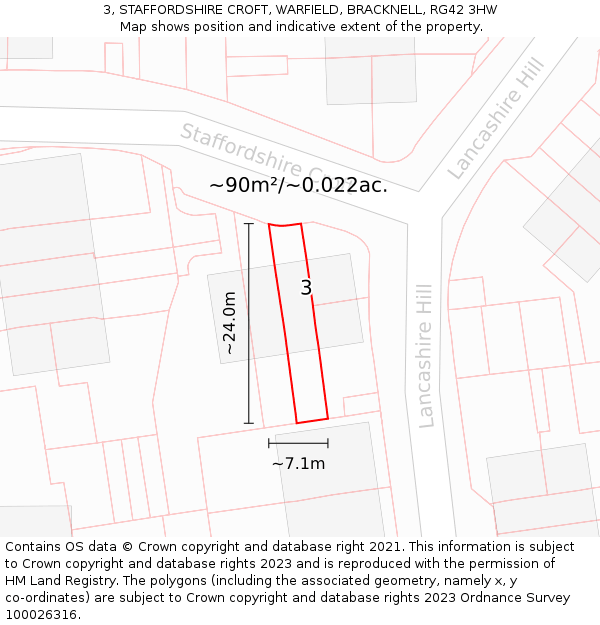 3, STAFFORDSHIRE CROFT, WARFIELD, BRACKNELL, RG42 3HW: Plot and title map