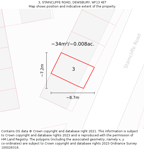 3, STAINCLIFFE ROAD, DEWSBURY, WF13 4ET: Plot and title map