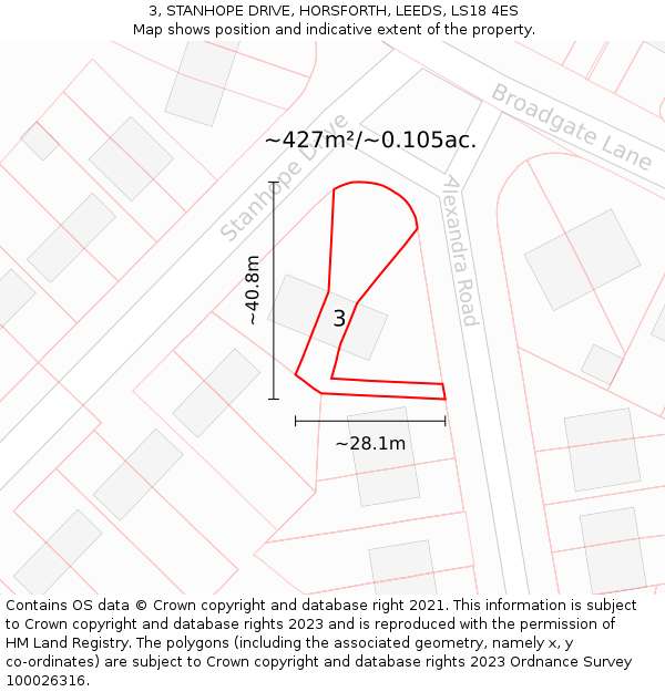 3, STANHOPE DRIVE, HORSFORTH, LEEDS, LS18 4ES: Plot and title map