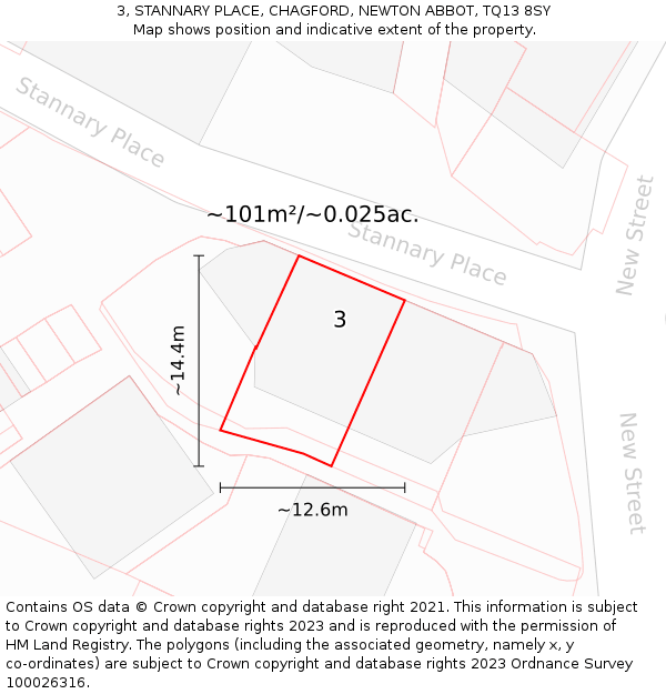 3, STANNARY PLACE, CHAGFORD, NEWTON ABBOT, TQ13 8SY: Plot and title map
