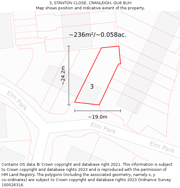 3, STANTON CLOSE, CRANLEIGH, GU6 8UH: Plot and title map