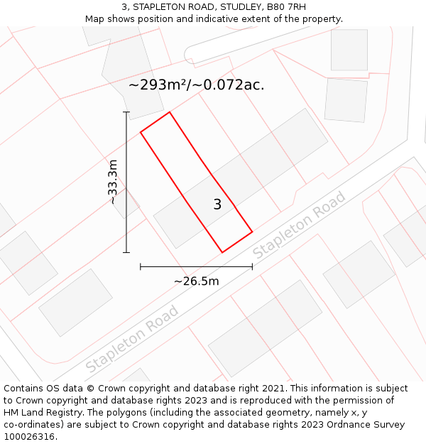 3, STAPLETON ROAD, STUDLEY, B80 7RH: Plot and title map