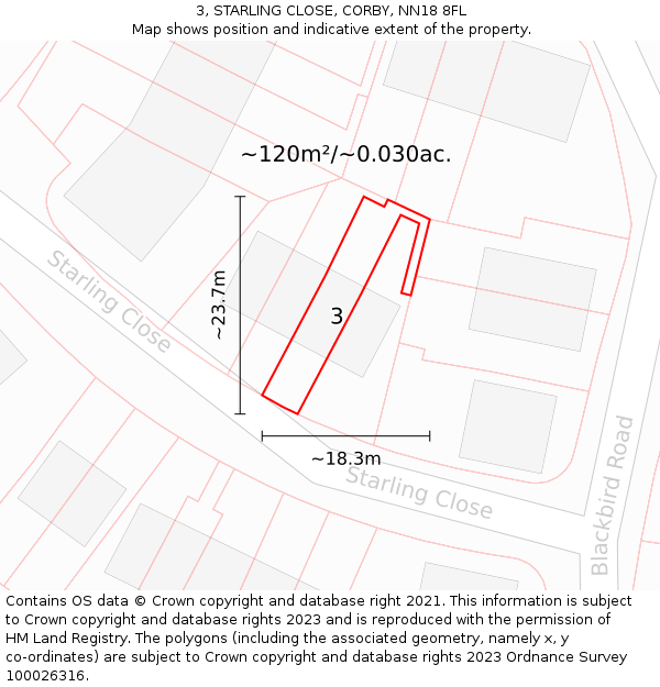 3, STARLING CLOSE, CORBY, NN18 8FL: Plot and title map