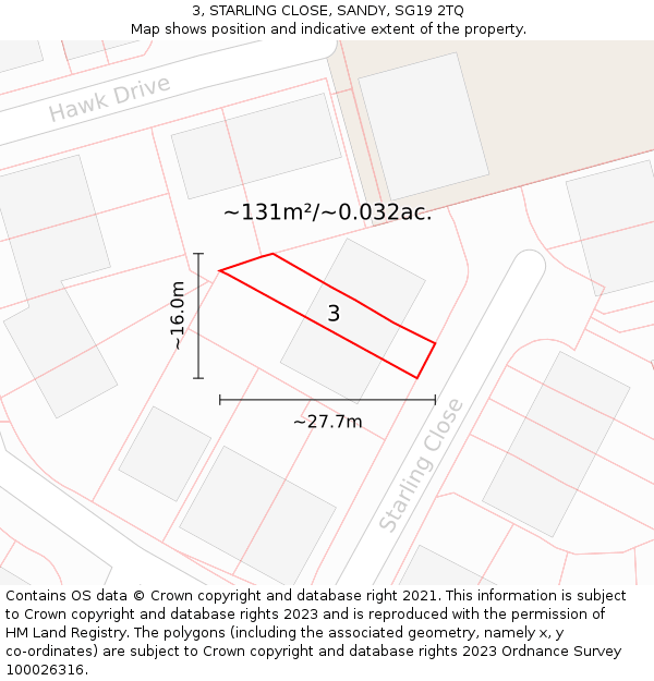 3, STARLING CLOSE, SANDY, SG19 2TQ: Plot and title map