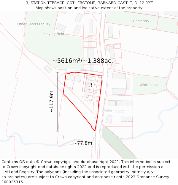 3, STATION TERRACE, COTHERSTONE, BARNARD CASTLE, DL12 9PZ: Plot and title map
