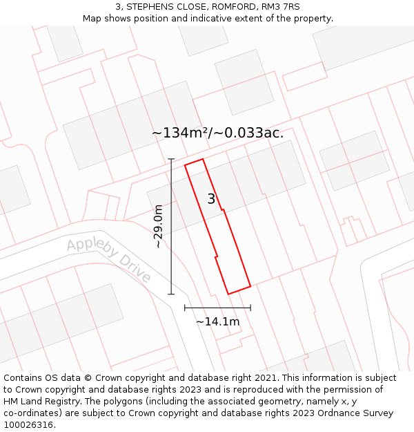 3, STEPHENS CLOSE, ROMFORD, RM3 7RS: Plot and title map