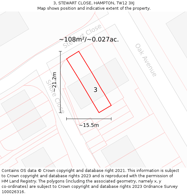 3, STEWART CLOSE, HAMPTON, TW12 3XJ: Plot and title map