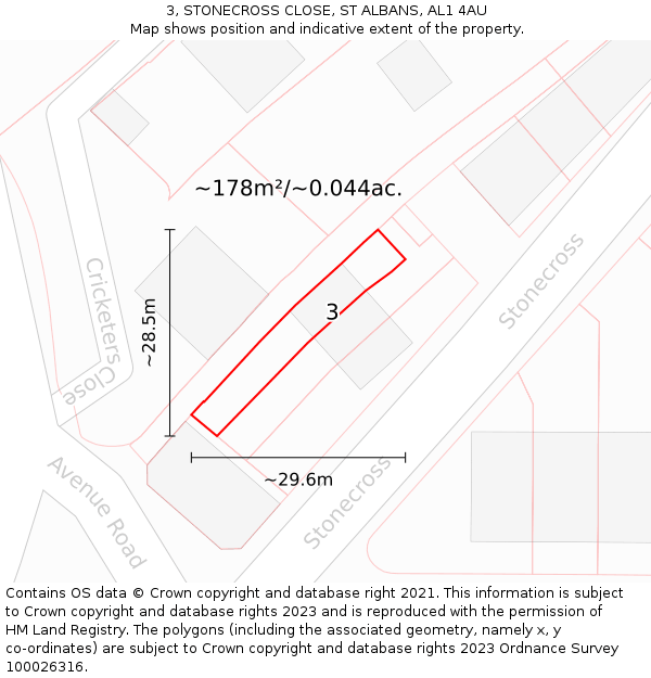 3, STONECROSS CLOSE, ST ALBANS, AL1 4AU: Plot and title map