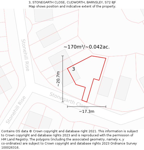 3, STONEGARTH CLOSE, CUDWORTH, BARNSLEY, S72 8JF: Plot and title map