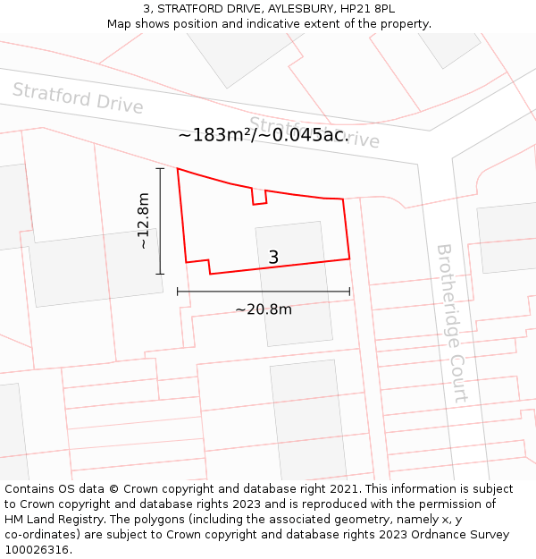 3, STRATFORD DRIVE, AYLESBURY, HP21 8PL: Plot and title map