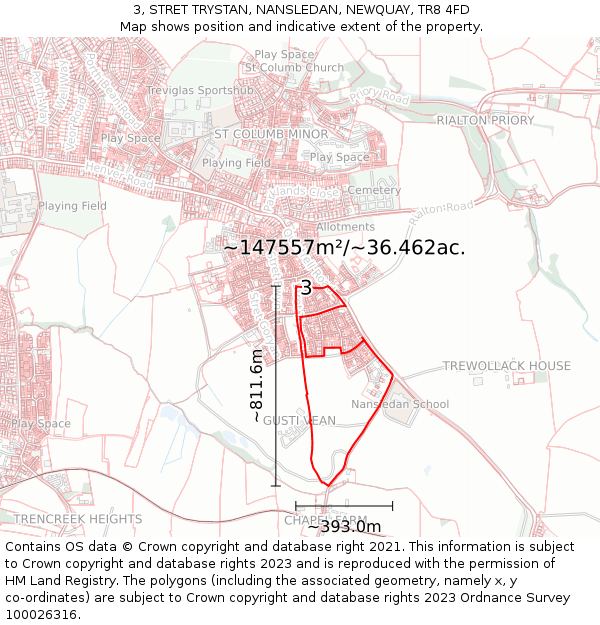 3, STRET TRYSTAN, NANSLEDAN, NEWQUAY, TR8 4FD: Plot and title map
