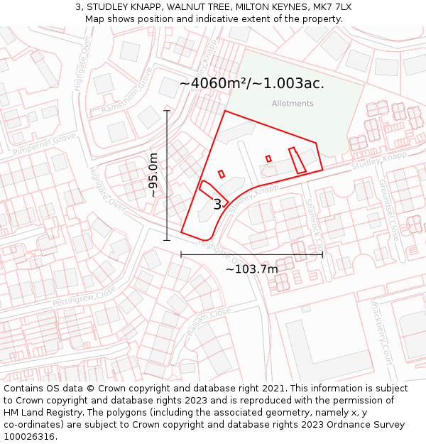 3, STUDLEY KNAPP, WALNUT TREE, MILTON KEYNES, MK7 7LX: Plot and title map
