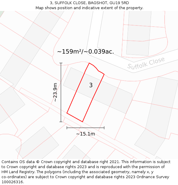 3, SUFFOLK CLOSE, BAGSHOT, GU19 5RD: Plot and title map