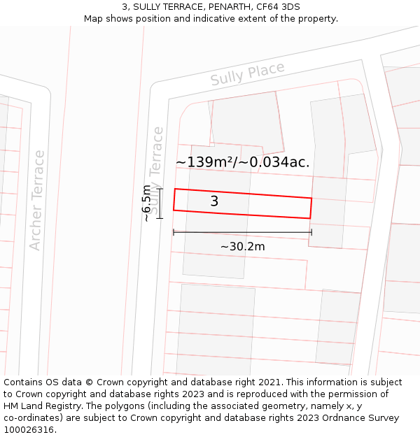 3, SULLY TERRACE, PENARTH, CF64 3DS: Plot and title map