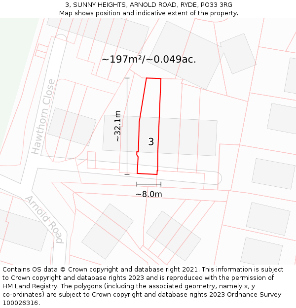 3, SUNNY HEIGHTS, ARNOLD ROAD, RYDE, PO33 3RG: Plot and title map