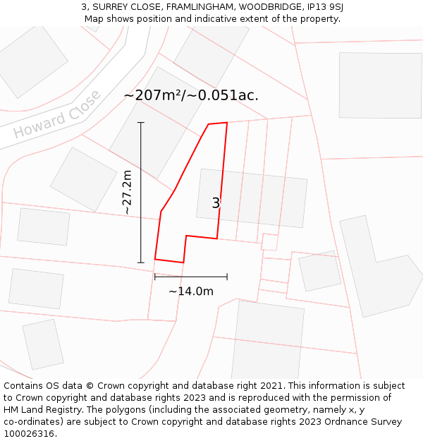 3, SURREY CLOSE, FRAMLINGHAM, WOODBRIDGE, IP13 9SJ: Plot and title map