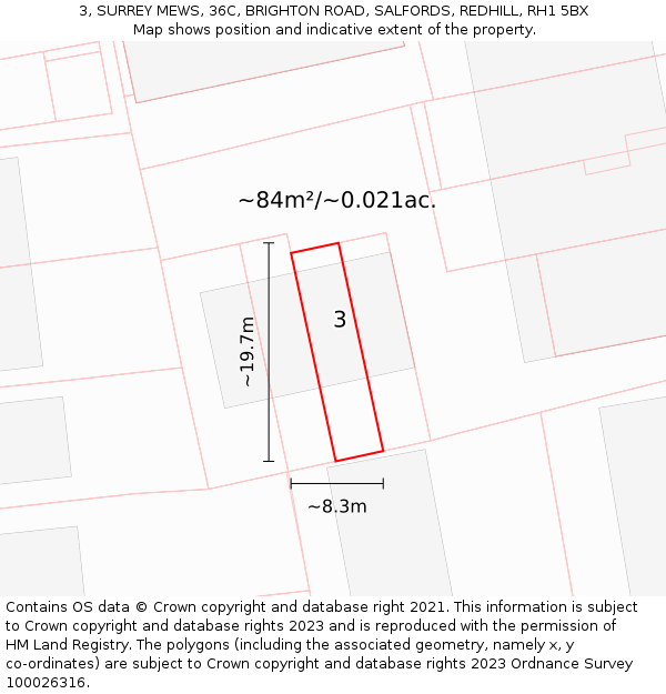 3, SURREY MEWS, 36C, BRIGHTON ROAD, SALFORDS, REDHILL, RH1 5BX: Plot and title map