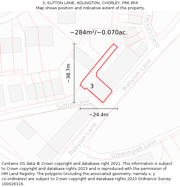 3, SUTTON LANE, ADLINGTON, CHORLEY, PR6 9PA: Plot and title map