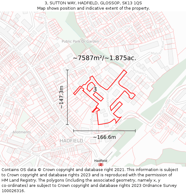 3, SUTTON WAY, HADFIELD, GLOSSOP, SK13 1QS: Plot and title map