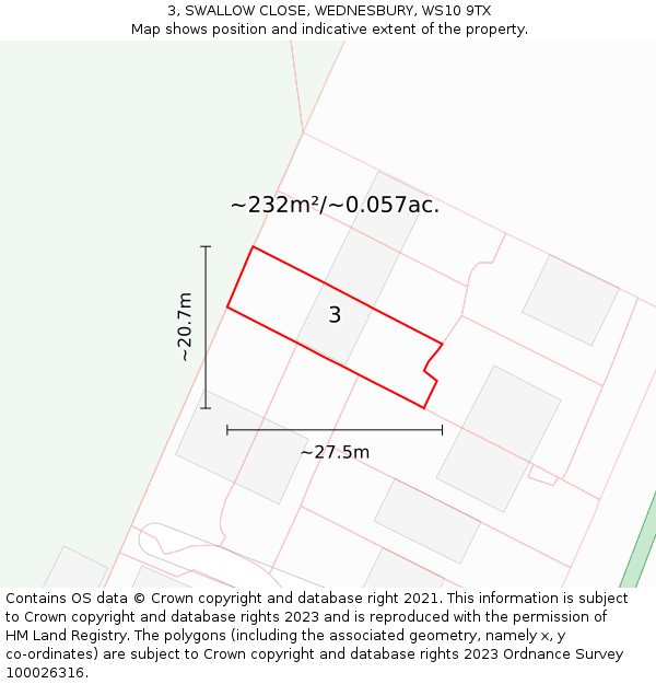 3, SWALLOW CLOSE, WEDNESBURY, WS10 9TX: Plot and title map