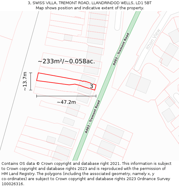3, SWISS VILLA, TREMONT ROAD, LLANDRINDOD WELLS, LD1 5BT: Plot and title map