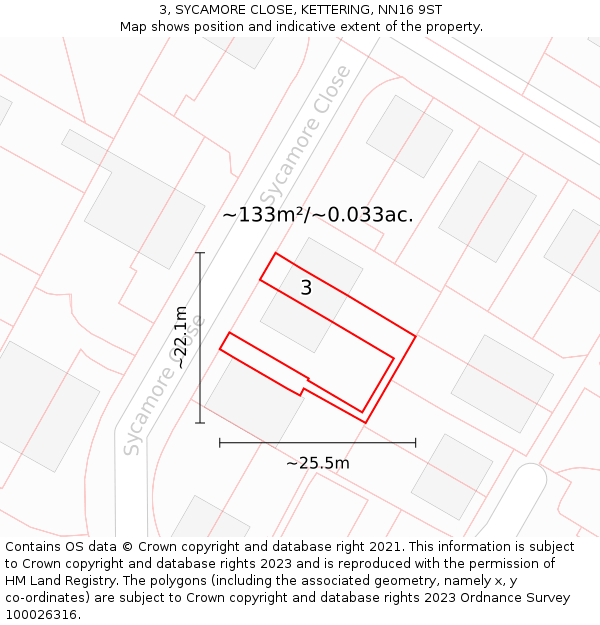3, SYCAMORE CLOSE, KETTERING, NN16 9ST: Plot and title map