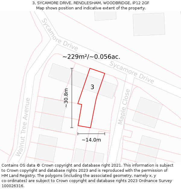 3, SYCAMORE DRIVE, RENDLESHAM, WOODBRIDGE, IP12 2GF: Plot and title map