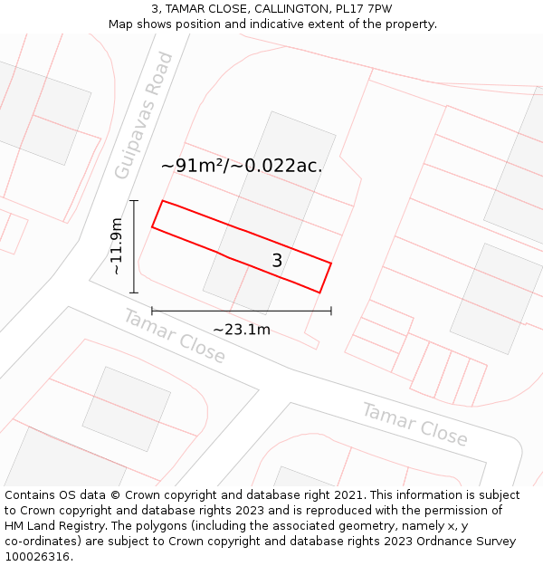 3, TAMAR CLOSE, CALLINGTON, PL17 7PW: Plot and title map