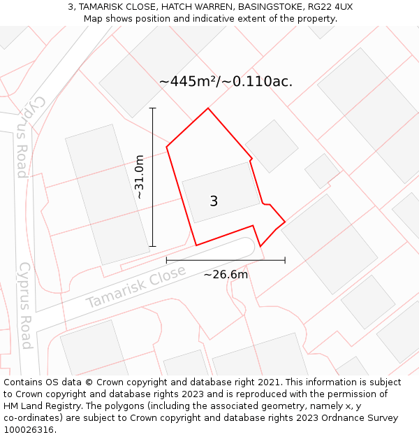 3, TAMARISK CLOSE, HATCH WARREN, BASINGSTOKE, RG22 4UX: Plot and title map