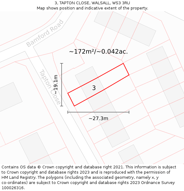 3, TAPTON CLOSE, WALSALL, WS3 3RU: Plot and title map