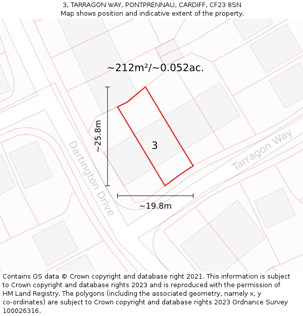 3, TARRAGON WAY, PONTPRENNAU, CARDIFF, CF23 8SN: Plot and title map