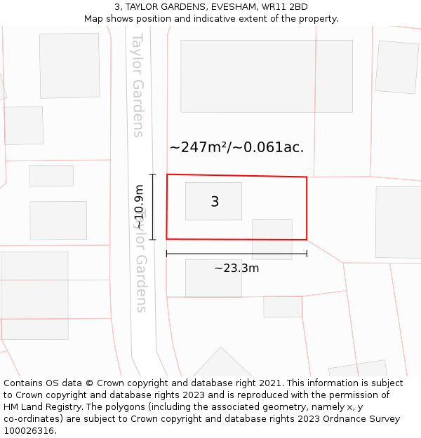 3, TAYLOR GARDENS, EVESHAM, WR11 2BD: Plot and title map