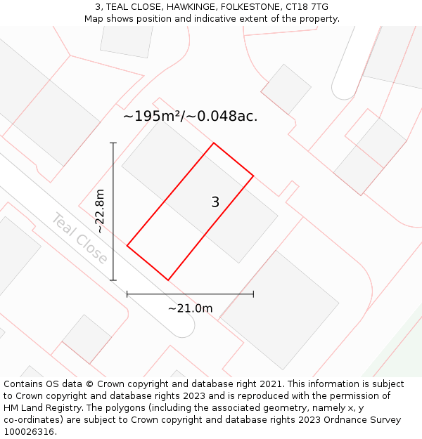 3, TEAL CLOSE, HAWKINGE, FOLKESTONE, CT18 7TG: Plot and title map