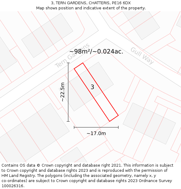 3, TERN GARDENS, CHATTERIS, PE16 6DX: Plot and title map