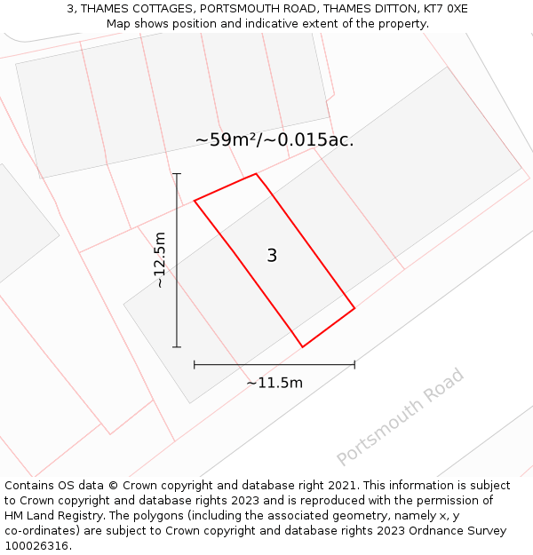3, THAMES COTTAGES, PORTSMOUTH ROAD, THAMES DITTON, KT7 0XE: Plot and title map